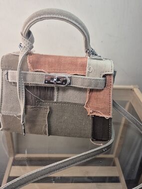 Patchwork Mini Top-Handle Crossbody Bag in Beige, Olive & Coral Size 19